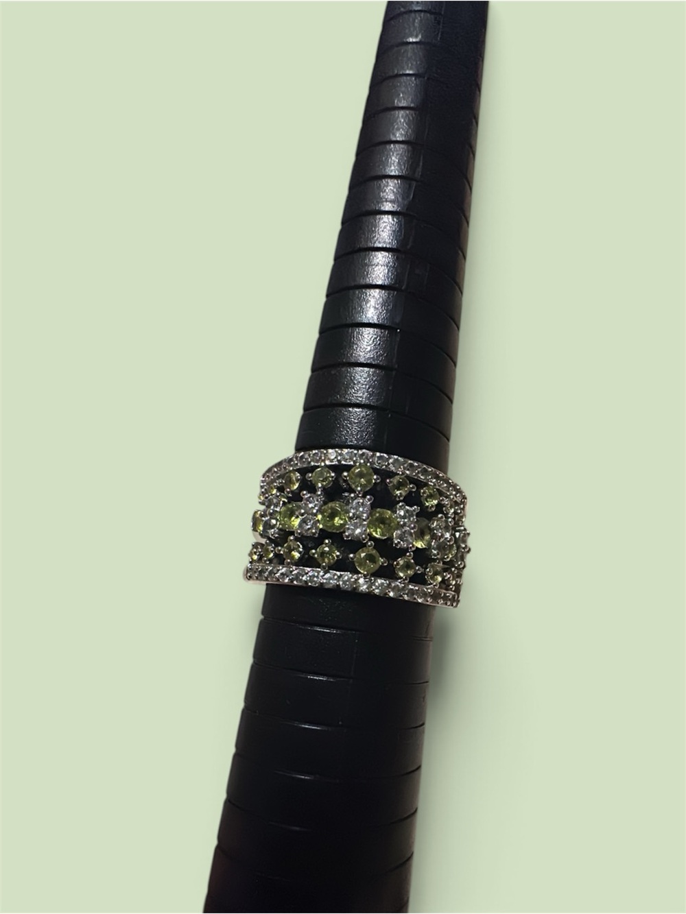 Bomb Party Silver Peridot & White Topaz Wide Band Rings (3)